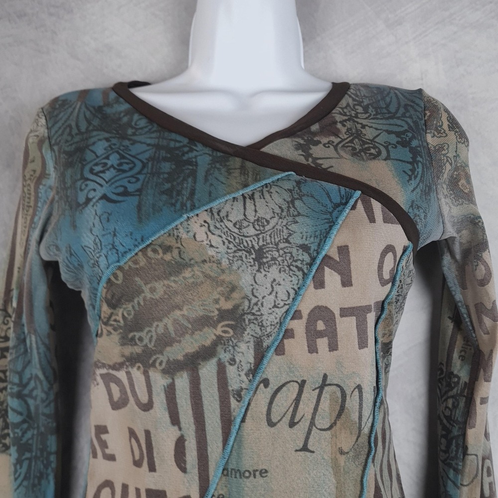 Women’s Mixed Print Asymmetric Long-Sleeve Blouse - Teal & Taupe - Picture 2 of 16